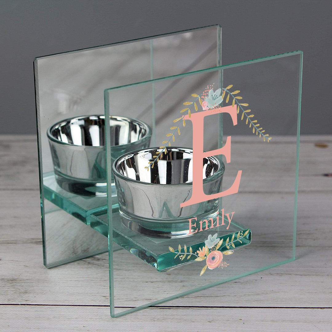 Personalised Memento Candles &amp; Reed Diffusers Personalised Floral Bouquet Mirrored Glass Tea Light Candle Holder
