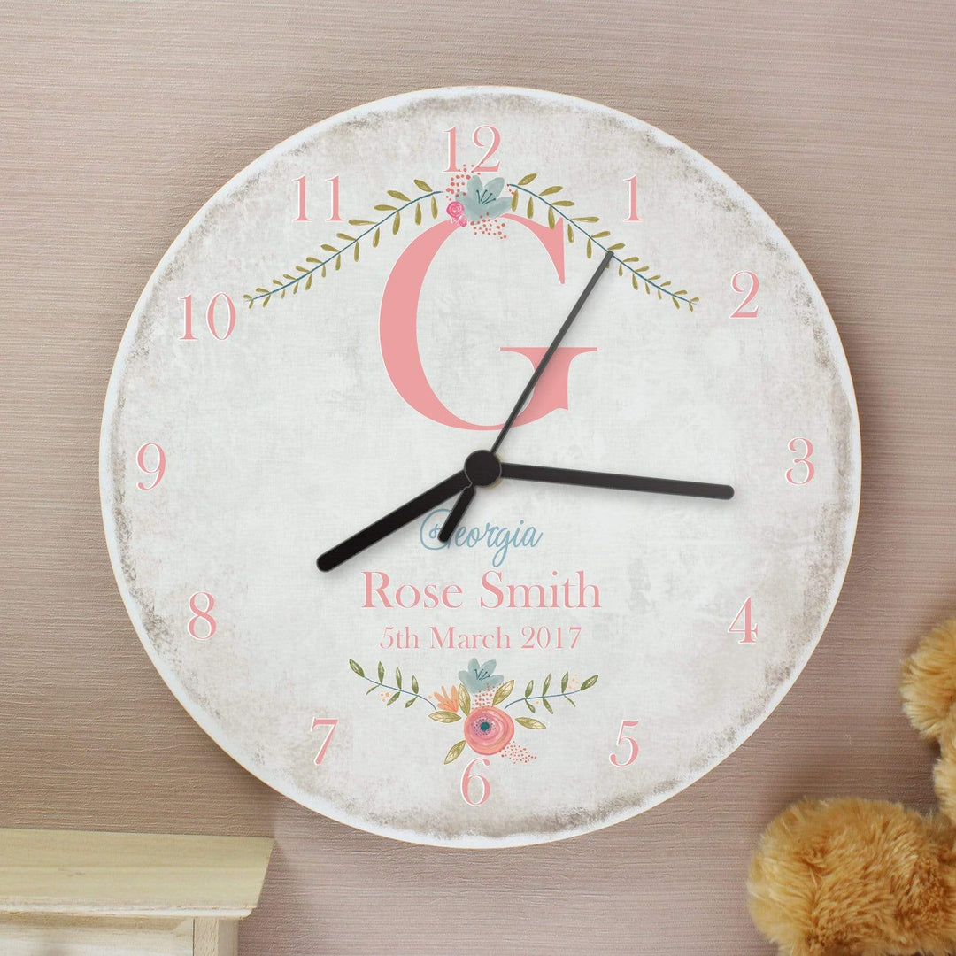 Personalised Memento Clocks &amp; Watches Personalised Floral Bouquet Shabby Chic Large Wooden Clock