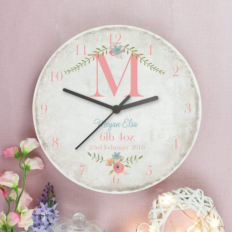 Personalised Memento Clocks & Watches Personalised Floral Bouquet Shabby Chic Large Wooden Clock