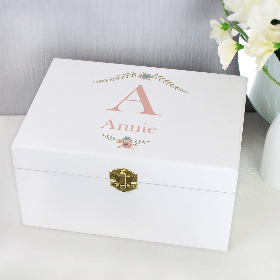 Personalised Memento Trinket, Jewellery &amp; Keepsake Boxes Personalised Floral Bouquet White Wooden Keepsake Box