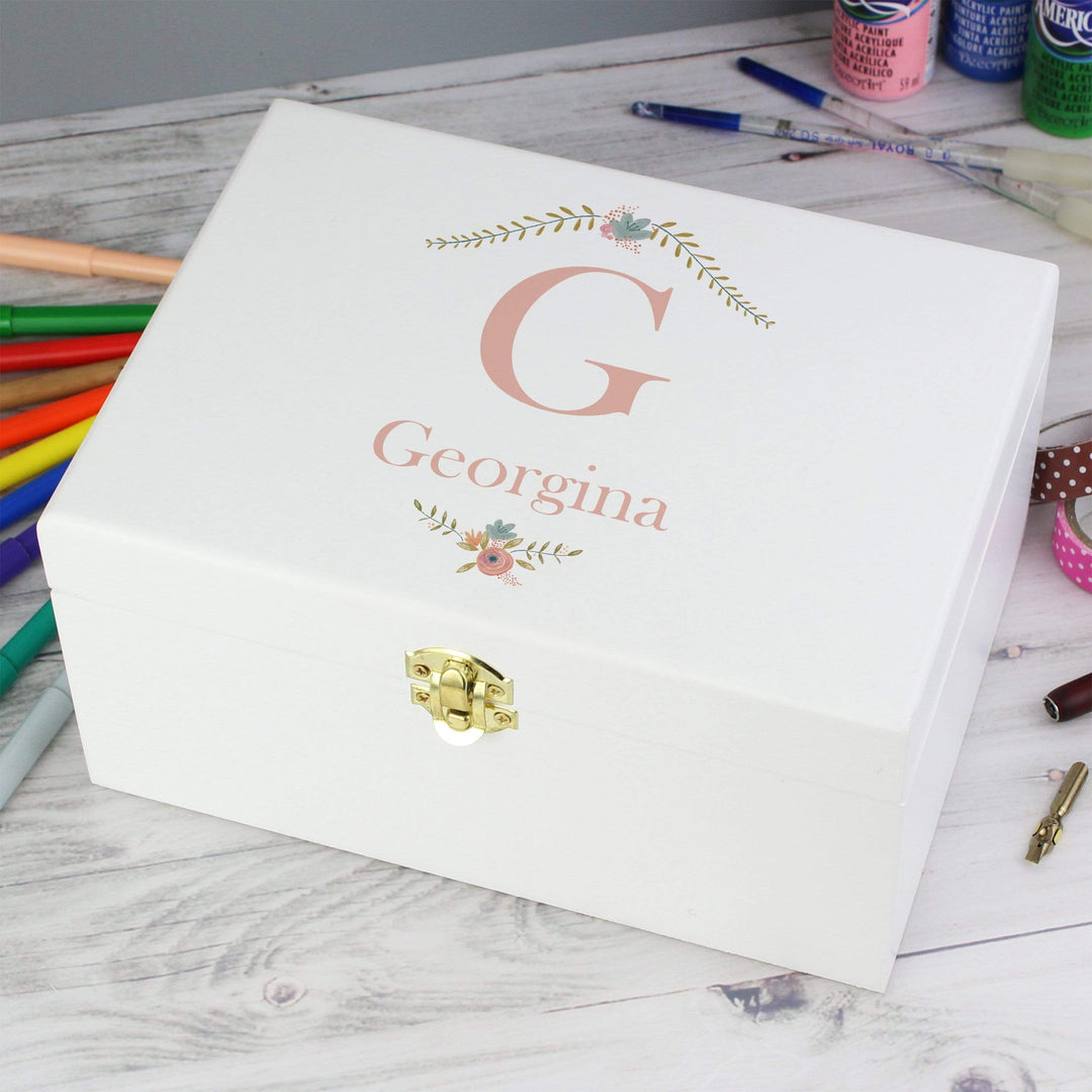 Personalised Memento Trinket, Jewellery &amp; Keepsake Boxes Personalised Floral Bouquet White Wooden Keepsake Box