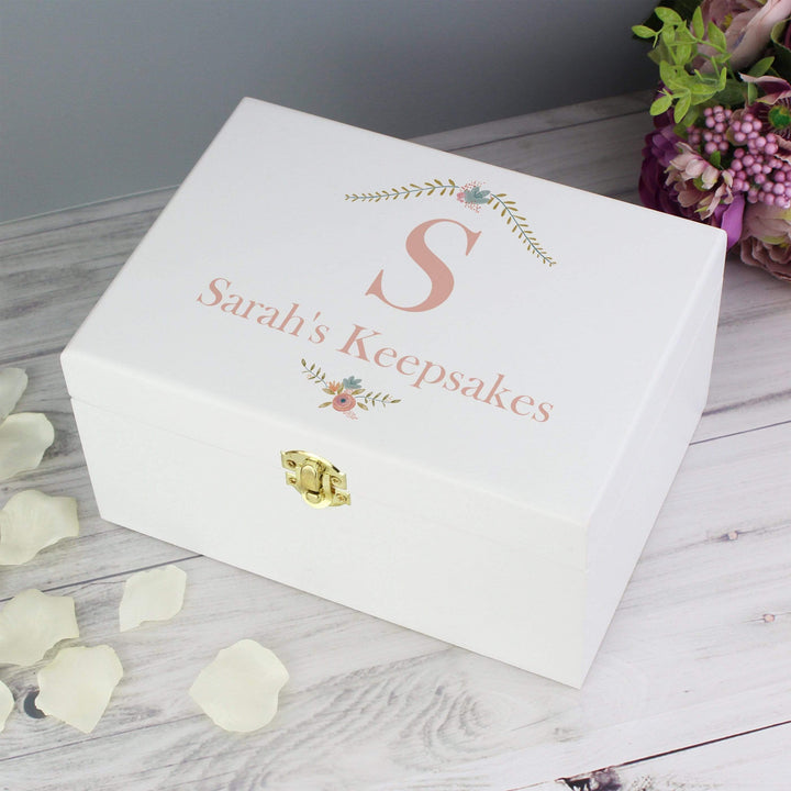 Personalised Memento Trinket, Jewellery &amp; Keepsake Boxes Personalised Floral Bouquet White Wooden Keepsake Box