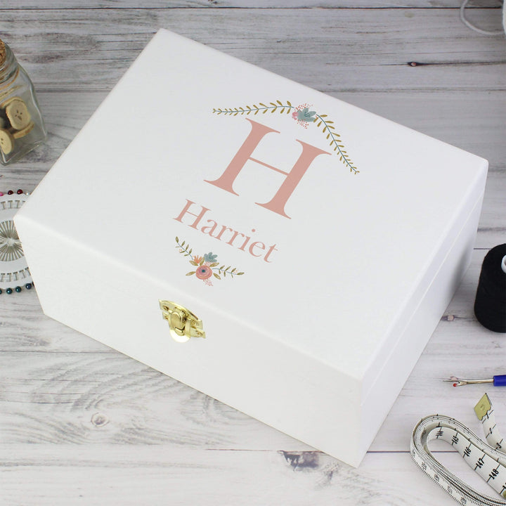 Personalised Memento Trinket, Jewellery &amp; Keepsake Boxes Personalised Floral Bouquet White Wooden Keepsake Box