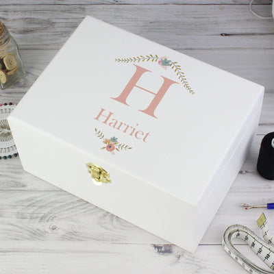Personalised Memento Trinket, Jewellery & Keepsake Boxes Personalised Floral Bouquet White Wooden Keepsake Box