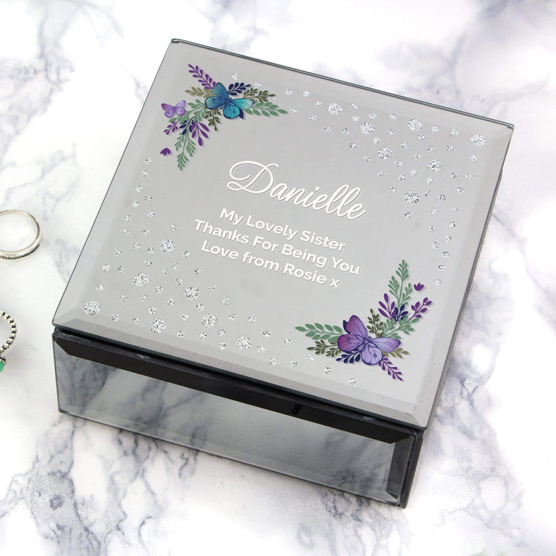 Personalised Memento Trinket, Jewellery & Keepsake Boxes Personalised Floral Butterfly Diamante Glass Trinket Box