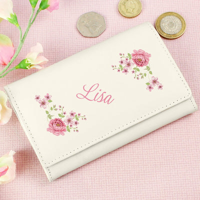 Personalised Memento Leather Personalised Floral Cream Leather Purse