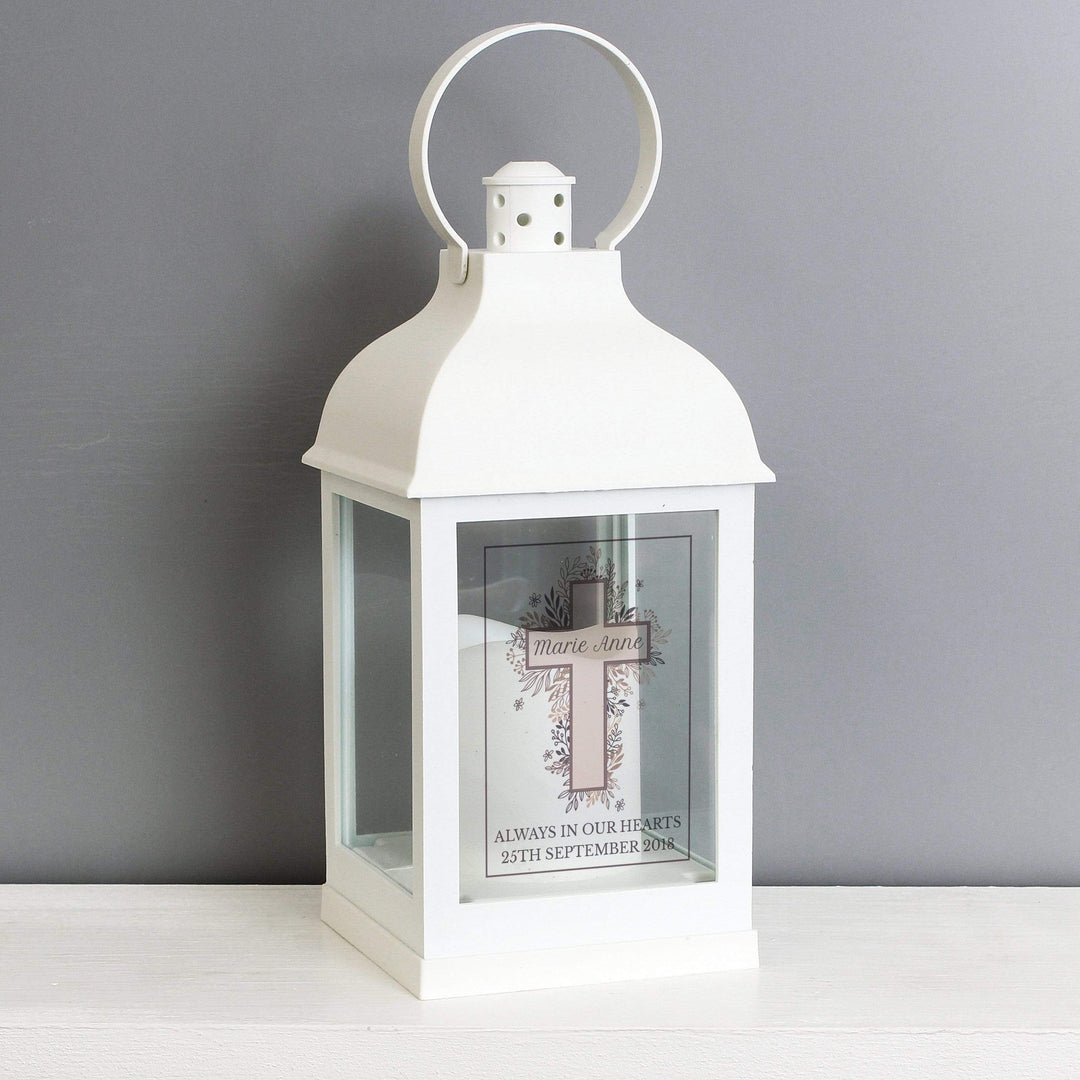 Personalised Memento LED Lights, Candles &amp; Decorations Personalised Floral Cross White Lantern