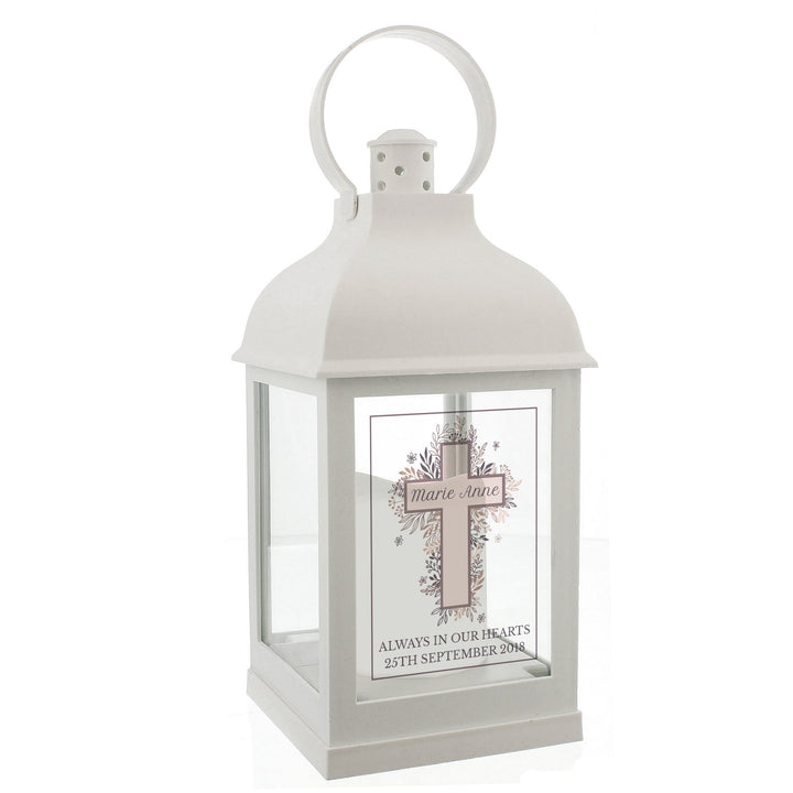 Personalised Memento LED Lights, Candles &amp; Decorations Personalised Floral Cross White Lantern