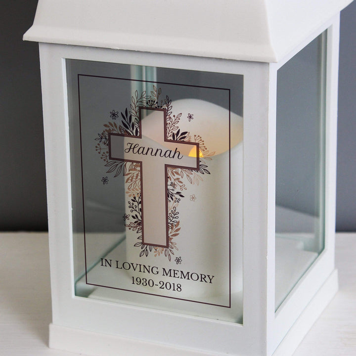 Personalised Memento LED Lights, Candles &amp; Decorations Personalised Floral Cross White Lantern