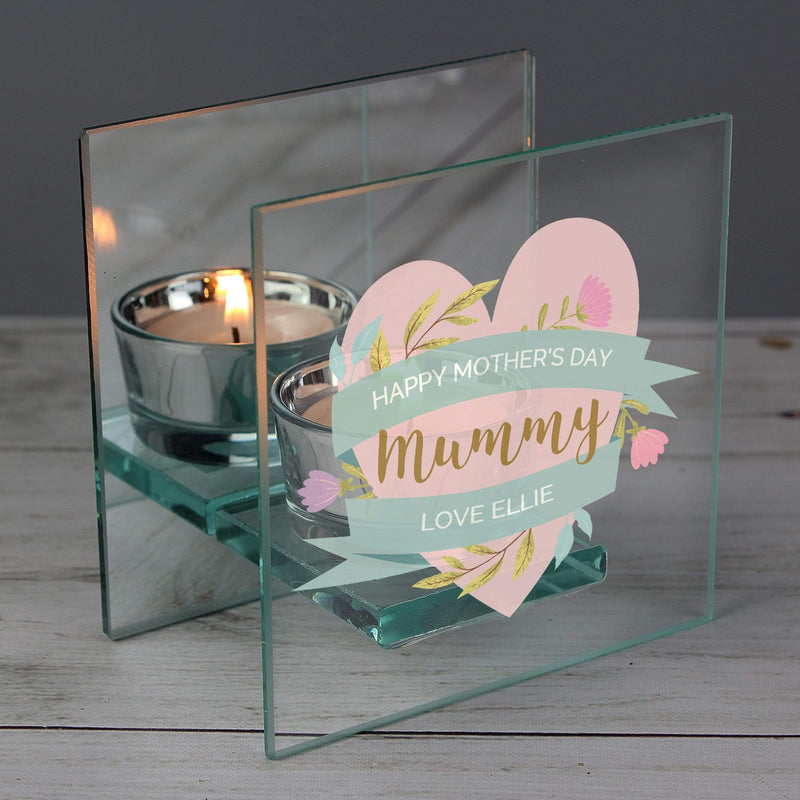 Personalised Memento Candles & Reed Diffusers Personalised Floral Heart Mothers Day Mirrored Glass Tea Light Holder