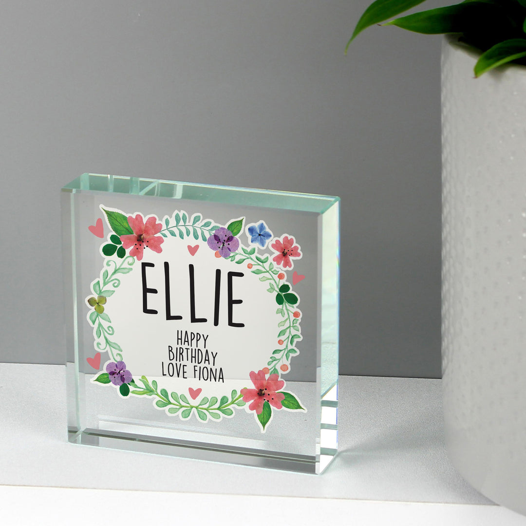Personalised Memento Personalised Floral Large Crystal Token