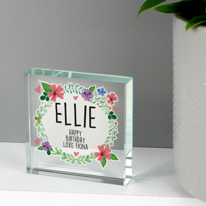Personalised Memento Personalised Floral Large Crystal Token