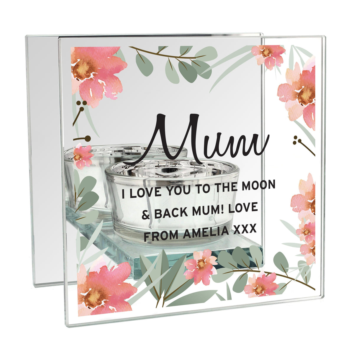 Personalised Memento Candles & Reed Diffusers Personalised Floral Sentimental Mirrored Glass Tea Light Candle Holder