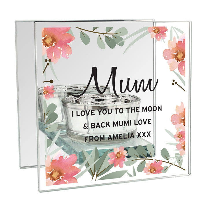 Personalised Memento Candles &amp; Reed Diffusers Personalised Floral Sentimental Mirrored Glass Tea Light Candle Holder