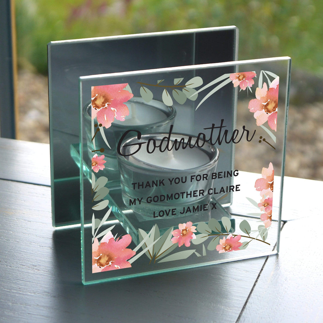 Personalised Memento Candles &amp; Reed Diffusers Personalised Floral Sentimental Mirrored Glass Tea Light Candle Holder