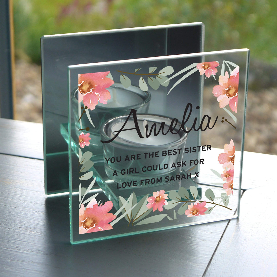Personalised Memento Candles &amp; Reed Diffusers Personalised Floral Sentimental Mirrored Glass Tea Light Candle Holder