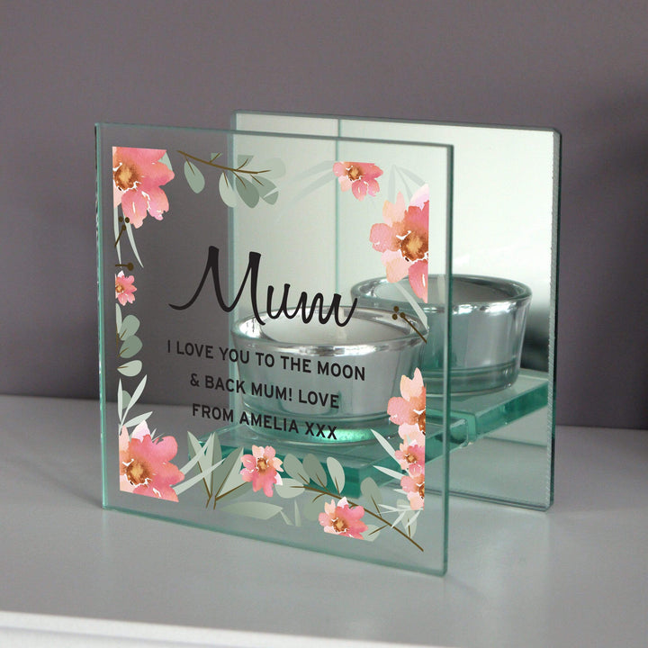 Personalised Memento Candles &amp; Reed Diffusers Personalised Floral Sentimental Mirrored Glass Tea Light Candle Holder