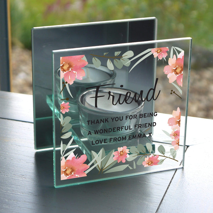 Personalised Memento Candles &amp; Reed Diffusers Personalised Floral Sentimental Mirrored Glass Tea Light Candle Holder