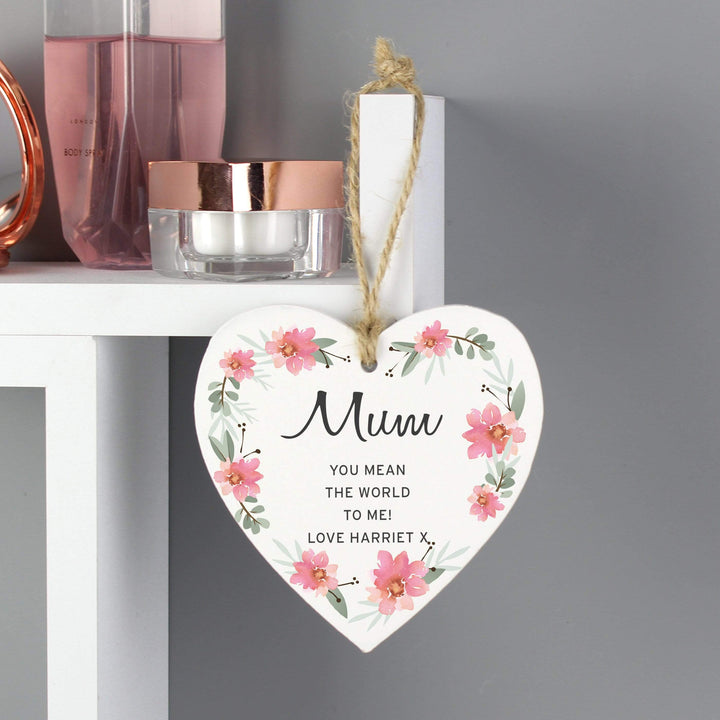 Personalised Memento Wooden Personalised Floral Sentimental Wooden Heart Decoration