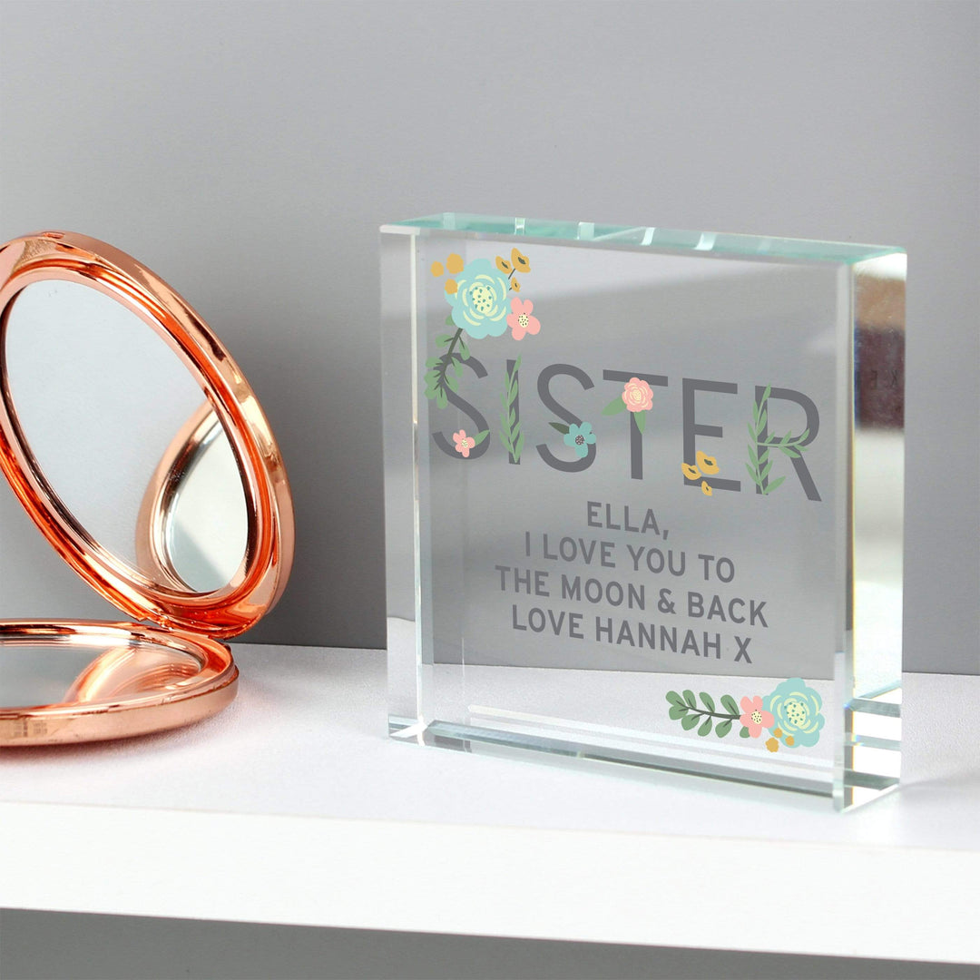 Personalised Memento Ornaments Personalised Floral Sister Large Crystal Token