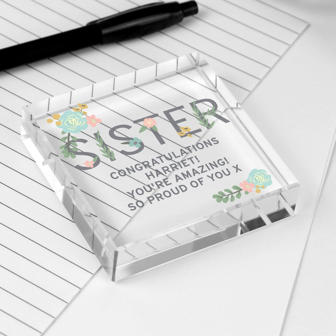 Personalised Memento Ornaments Personalised Floral Sister Large Crystal Token