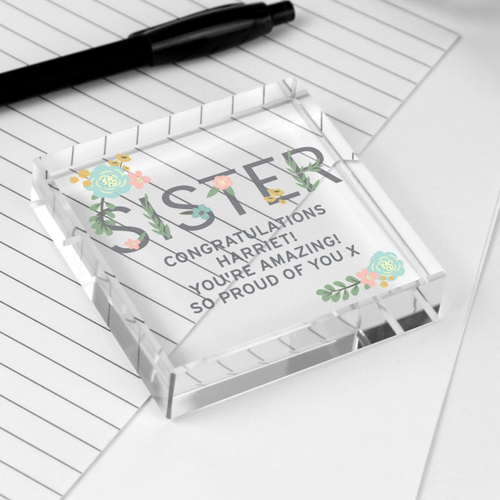 Personalised Memento Ornaments Personalised Floral Sister Large Crystal Token
