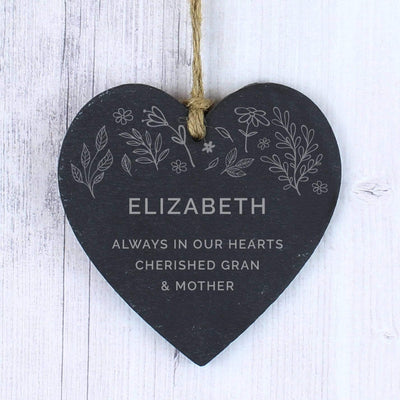 Personalised Memento Slate Personalised Floral Slate Heart Decoration