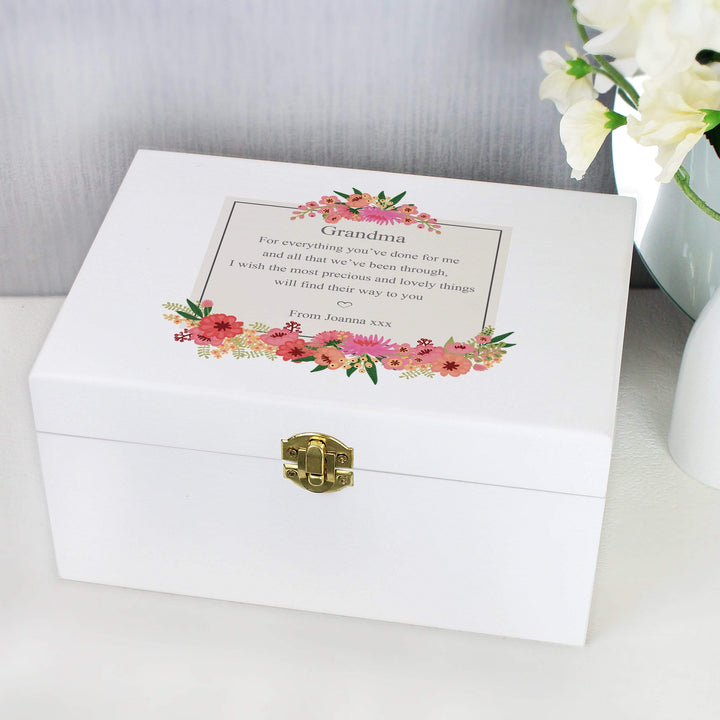 Personalised Memento Trinket, Jewellery &amp; Keepsake Boxes Personalised Floral Wishes White Wooden Keepsake Box
