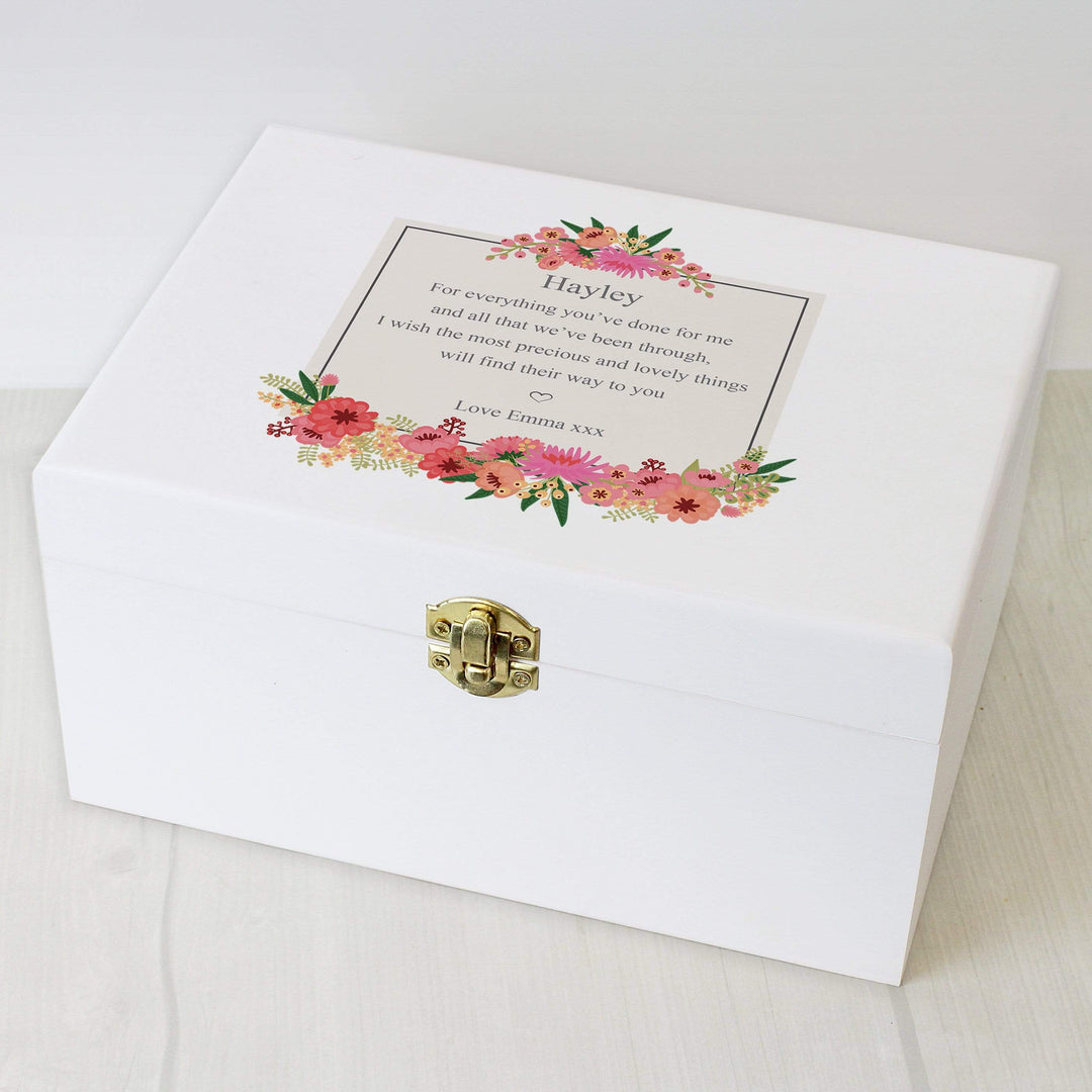 Personalised Memento Trinket, Jewellery &amp; Keepsake Boxes Personalised Floral Wishes White Wooden Keepsake Box