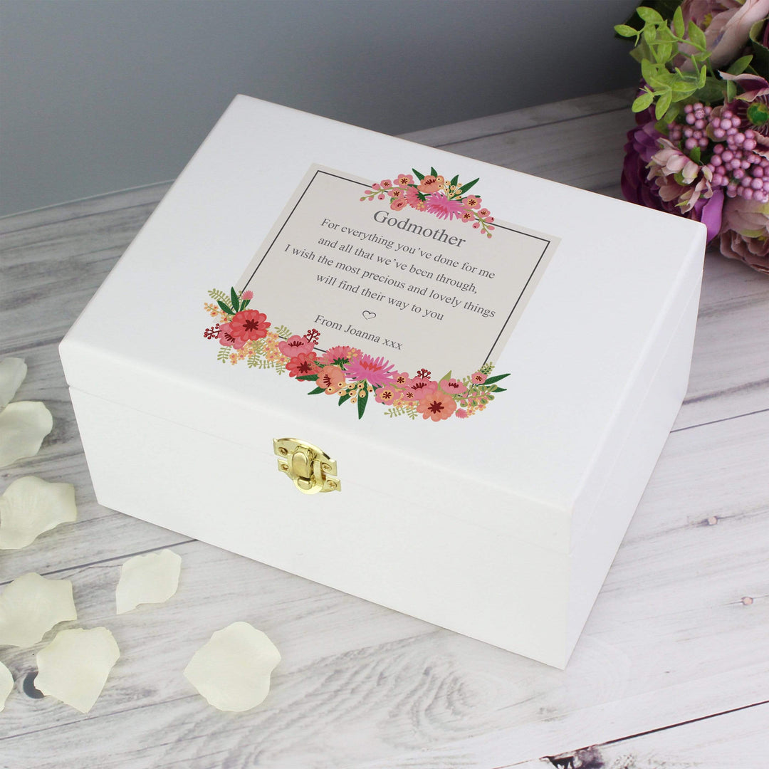Personalised Memento Trinket, Jewellery &amp; Keepsake Boxes Personalised Floral Wishes White Wooden Keepsake Box