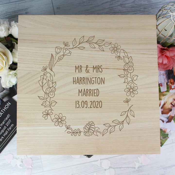 Personalised Memento Personalised Floral Wreath Large Wooden Keepsake Box