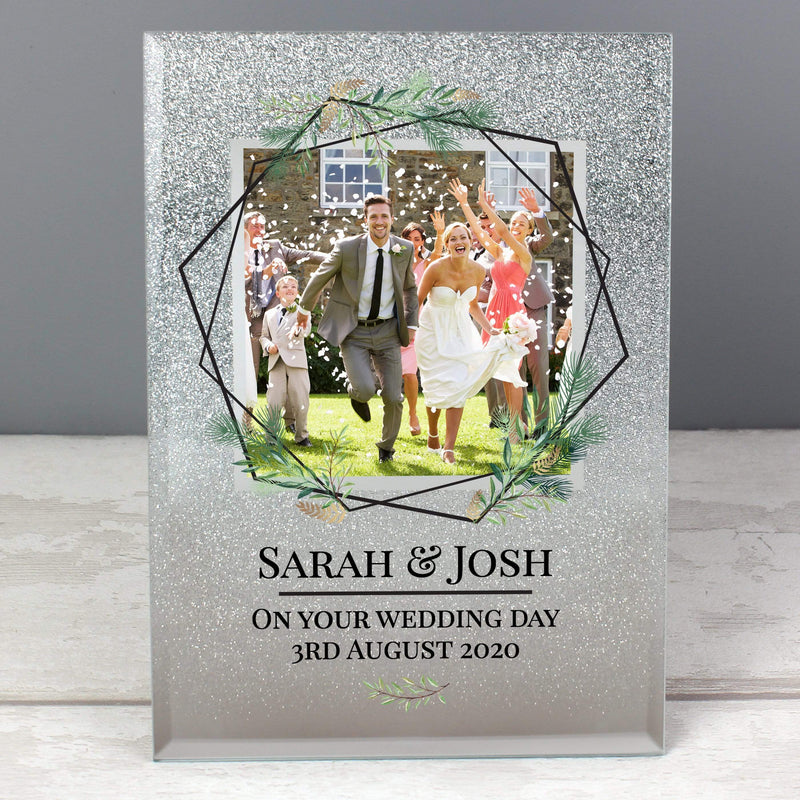 Personalised Memento Photo Frames, Albums and Guestbooks Personalised Geo Leaves 4x4 Glitter Glass Photo Frame