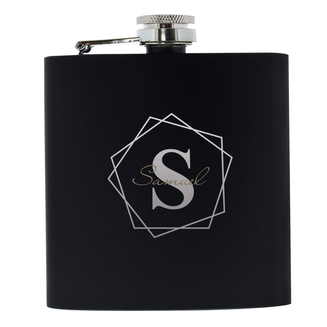 Personalised Memento Glasses &amp; Barware Personalised Geometric Initial Black Hip Flask