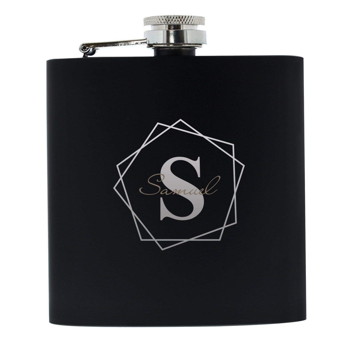 Personalised Memento Glasses & Barware Personalised Geometric Initial Black Hip Flask