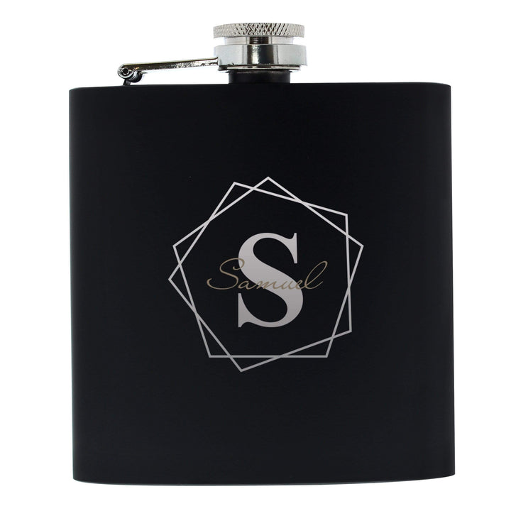 Personalised Memento Glasses &amp; Barware Personalised Geometric Initial Black Hip Flask