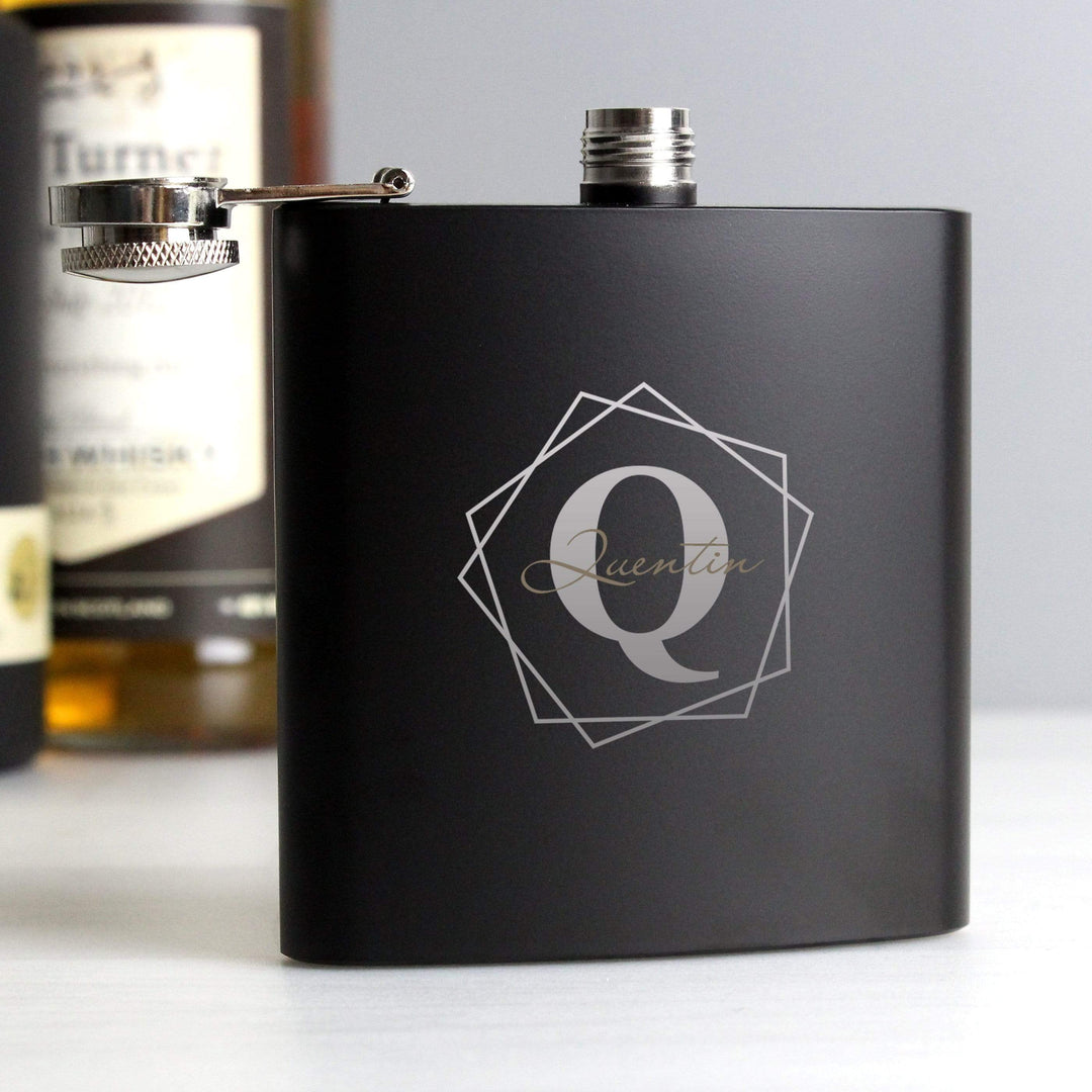 Personalised Memento Glasses &amp; Barware Personalised Geometric Initial Black Hip Flask