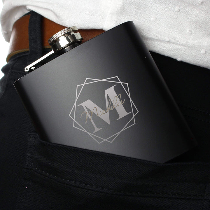 Personalised Memento Glasses &amp; Barware Personalised Geometric Initial Black Hip Flask