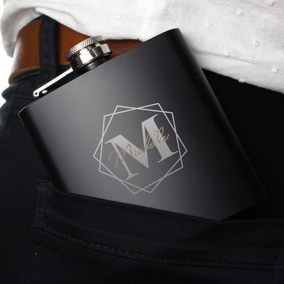 Personalised Memento Glasses & Barware Personalised Geometric Initial Black Hip Flask