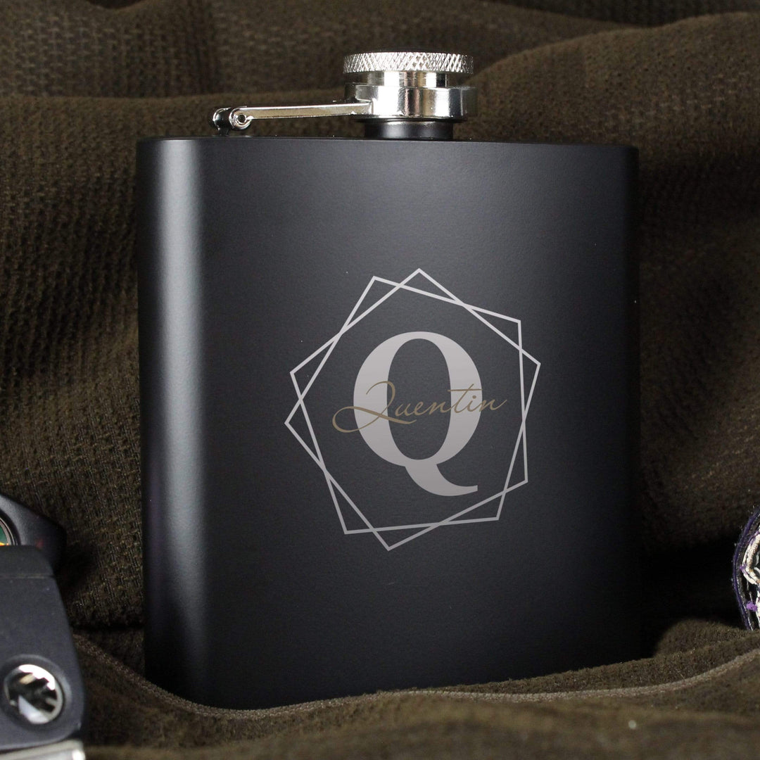 Personalised Memento Glasses &amp; Barware Personalised Geometric Initial Black Hip Flask