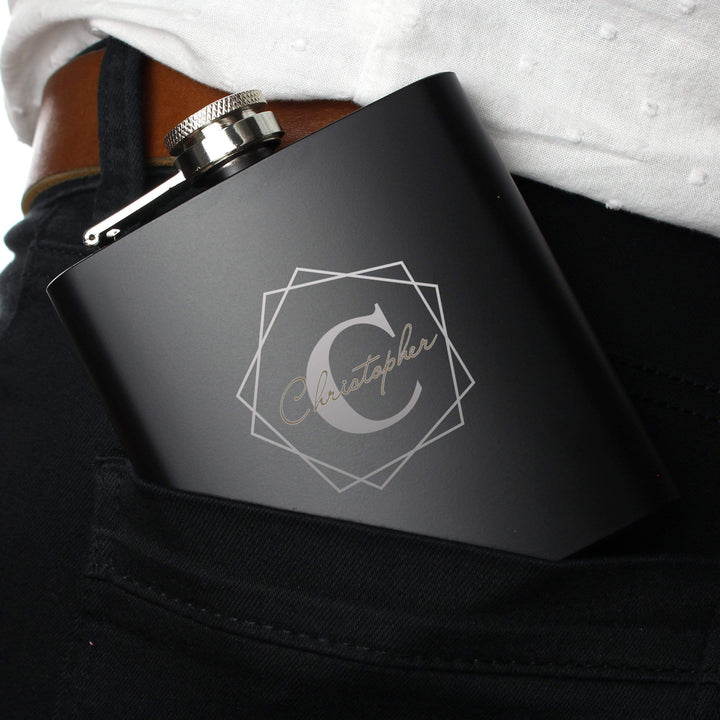 Personalised Memento Glasses &amp; Barware Personalised Geometric Initial Black Hip Flask