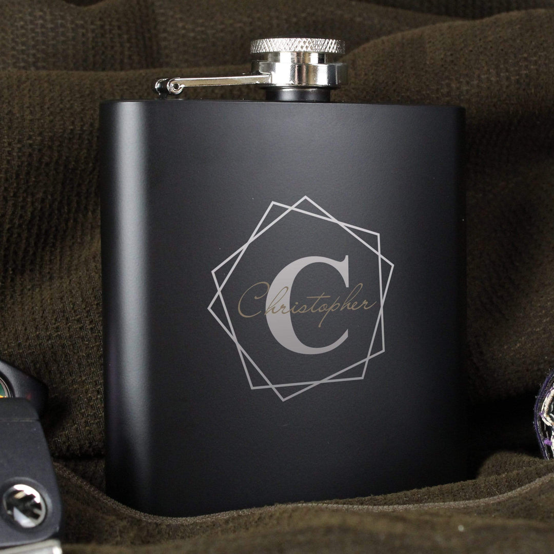 Personalised Memento Glasses &amp; Barware Personalised Geometric Initial Black Hip Flask
