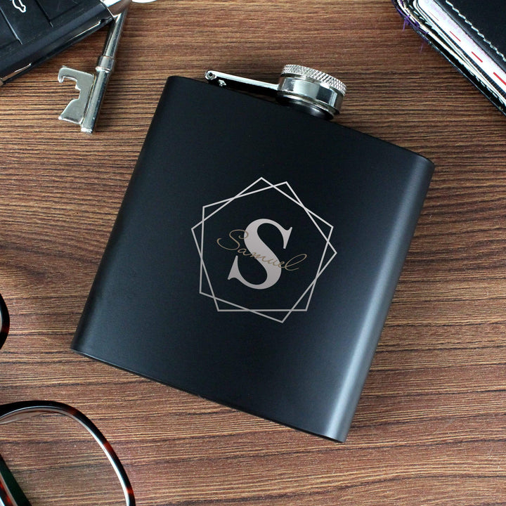 Personalised Memento Glasses &amp; Barware Personalised Geometric Initial Black Hip Flask