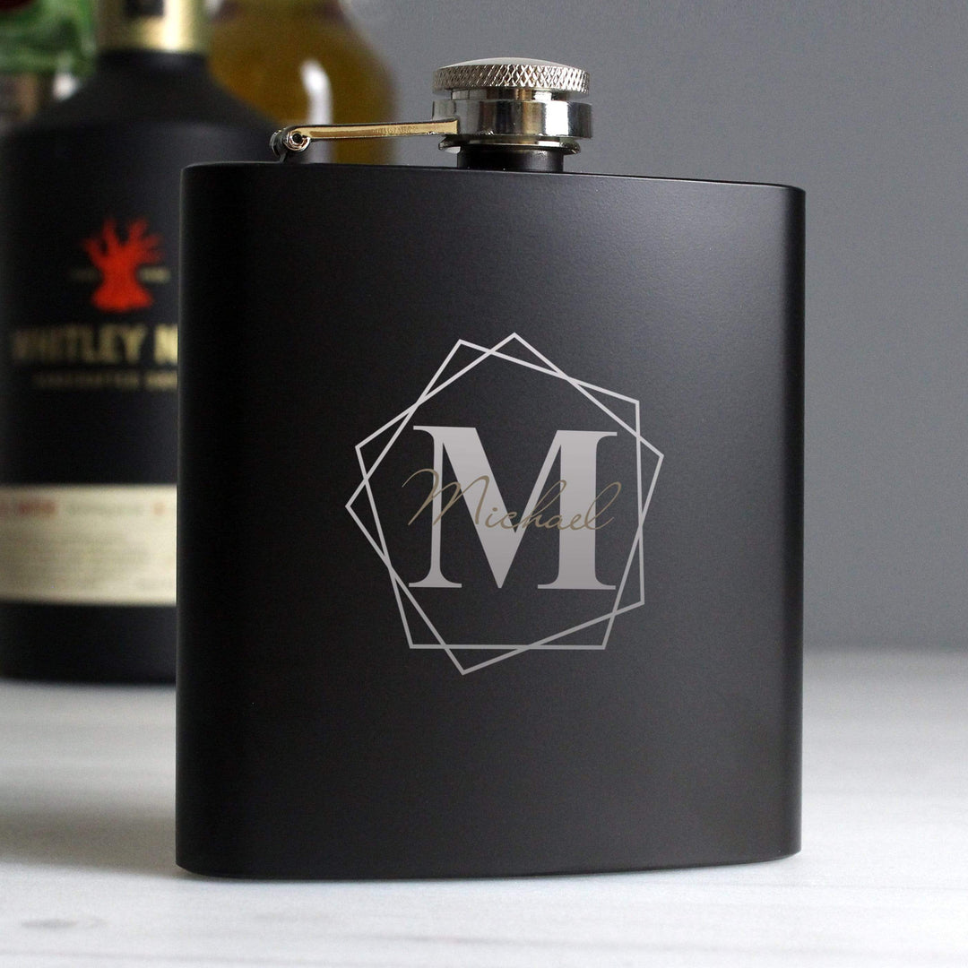 Personalised Memento Glasses &amp; Barware Personalised Geometric Initial Black Hip Flask