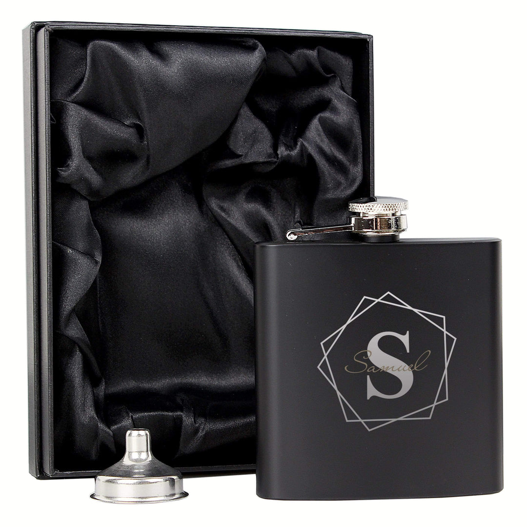 Personalised Memento Glasses &amp; Barware Personalised Geometric Initial Black Hip Flask