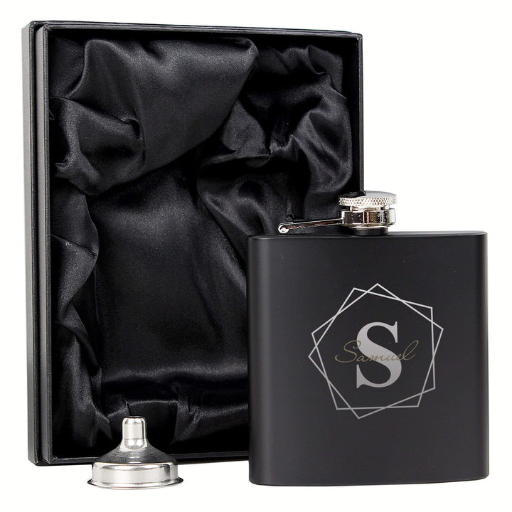 Personalised Memento Glasses &amp; Barware Personalised Geometric Initial Black Hip Flask