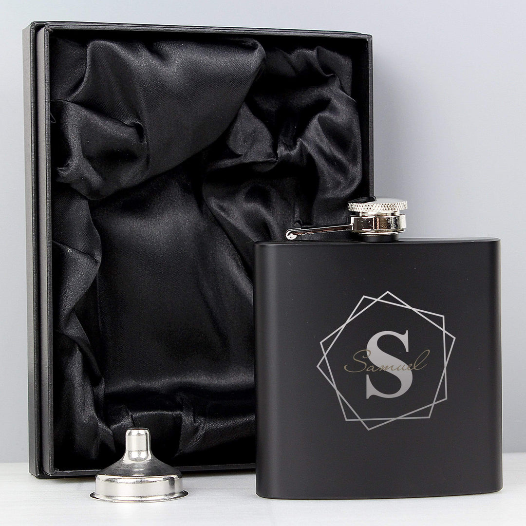 Personalised Memento Glasses &amp; Barware Personalised Geometric Initial Black Hip Flask