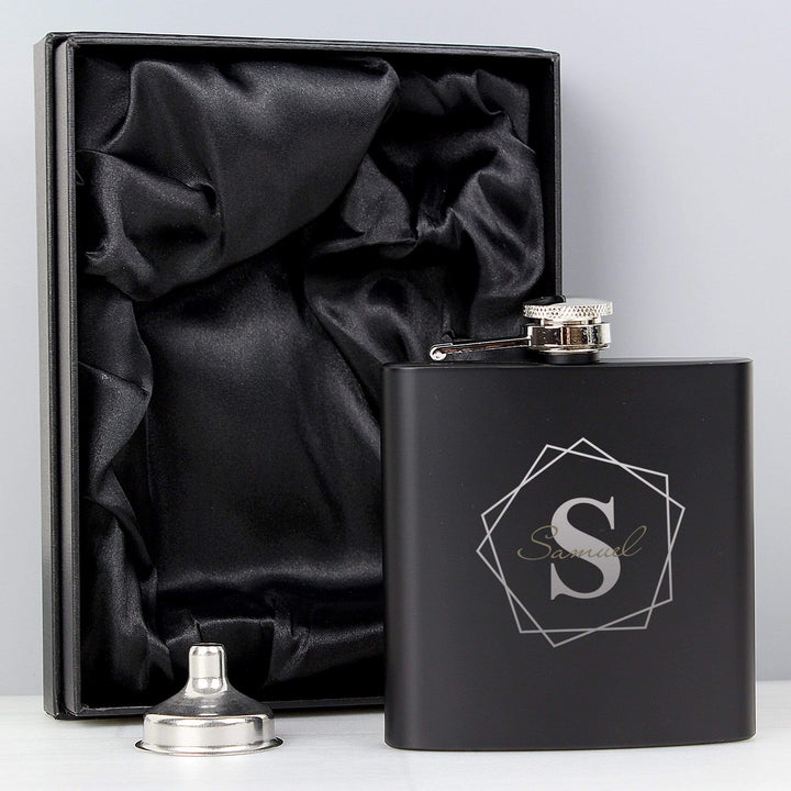 Personalised Memento Glasses &amp; Barware Personalised Geometric Initial Black Hip Flask