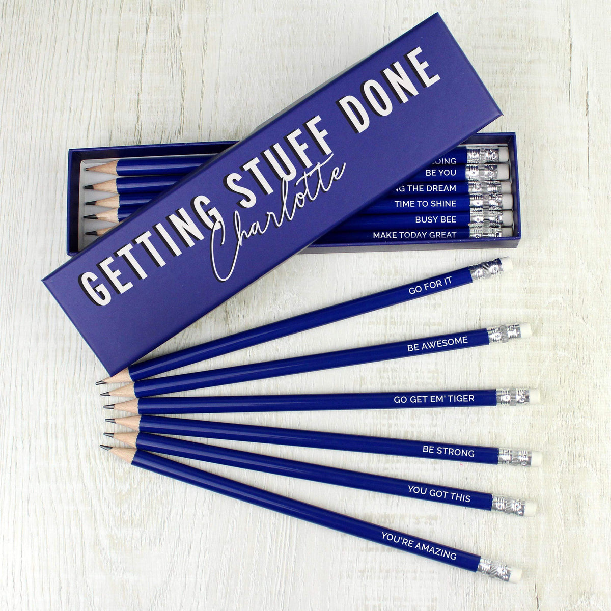 Personalised Memento Personalised Getting Stuff Done Box and 12 Blue HB Pencils