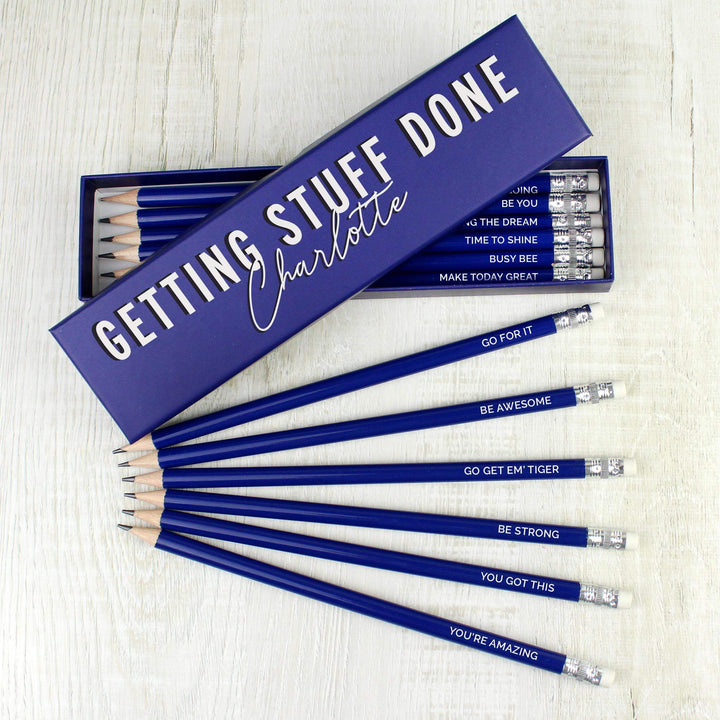 Personalised Memento Personalised Getting Stuff Done Box and 12 Blue HB Pencils