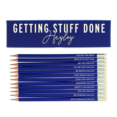 Personalised Memento Personalised Getting Stuff Done Box and 12 Blue HB Pencils